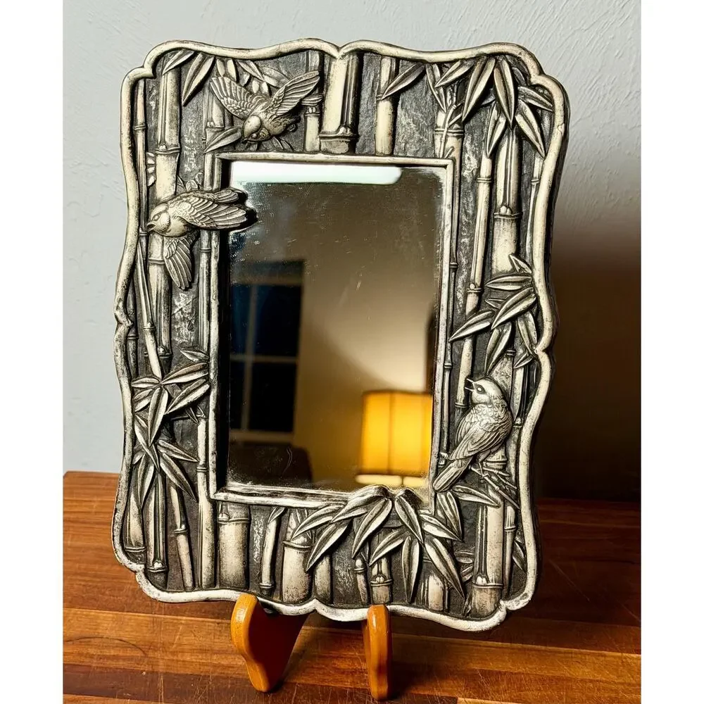 Vintage Chinoiserie Bamboo Bird Mirror | Silver Tone Hollywood Regency
